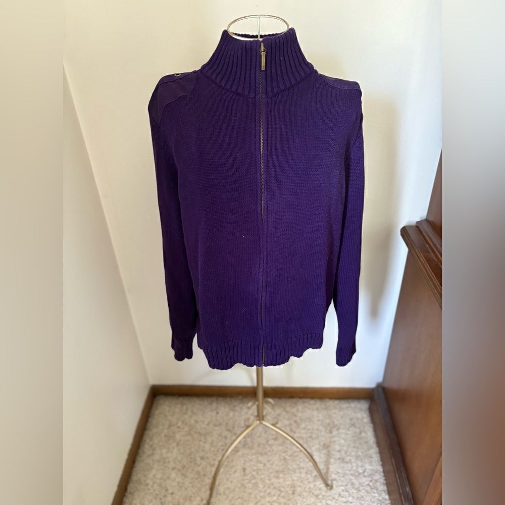 Lauren Ralph Lauren Cotton Sweater Purple Full Zip Turtleneck Large